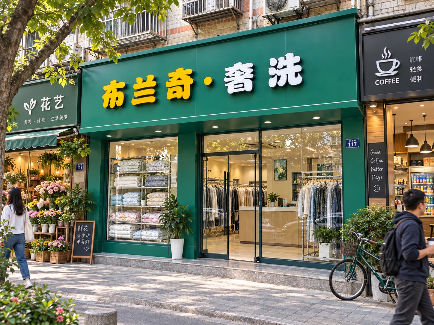社区精品店：墨绿金色门头与暖光橱窗设计效果图